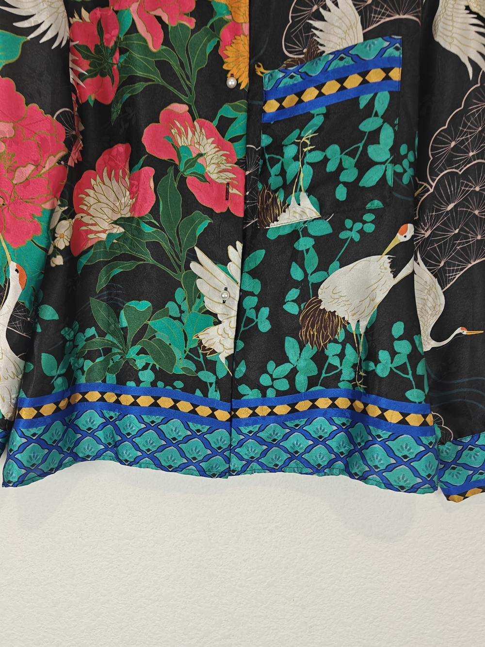 Zara Oriental Crane Satin Blouse Floral Bird Print Black Pink Green Size M - Picture 3 of 16